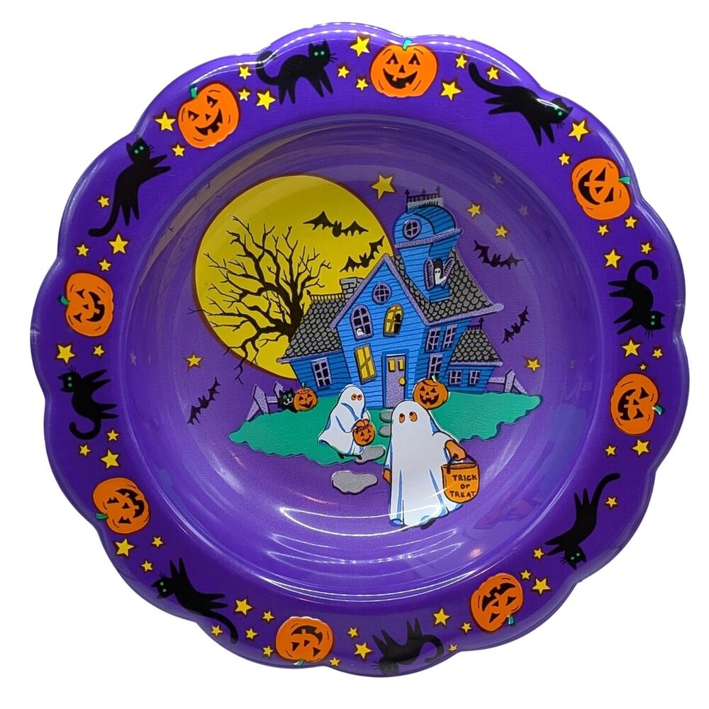 VTG 90s Berman Industries Halloween Trick Or Treat 13.5" Candy Bowl Pumpkin Cats